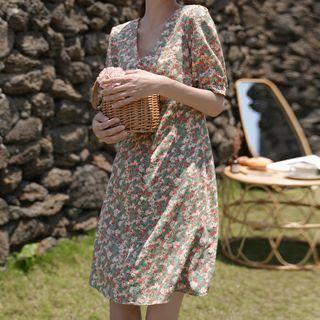 Floral Print Elbow-sleeve Midi A-line Dress / Spaghetti-strap Dress