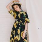 Short-sleeve Sunflower Printed A-line Midi Shirt Dress