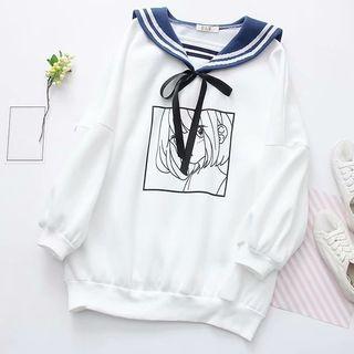 Printed Sailor Collar Pullover White - One Size
