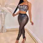 Set: Strappy Rhinestone Mesh Camisole + Leggings