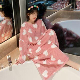 Long-sleeve Heart Print Fleece Sleep Dress