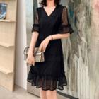 Sheer Panel Short-sleeve A-line Dress Black - 4xl