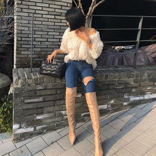 Elbow-sleeve Fuax-fur Top