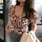 Square-neck Short-sleeve Floral Cropped Top