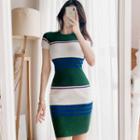 Short-sleeve Striped Knit Sheath Dress Stripe - One Size