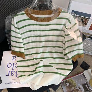 Short-sleeve Striped Knit Top Stripe - Green & White - One Size