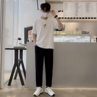 Short-sleeve Mock Two-piece T-shirt / Straight Leg Pants / Set