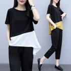 Set: Color Block Short-sleeve Top + Crop Pants