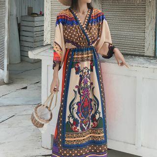 Elbow-sleeve Printed V-neck A-line Maxi Dress