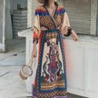 Elbow-sleeve Printed V-neck A-line Maxi Dress