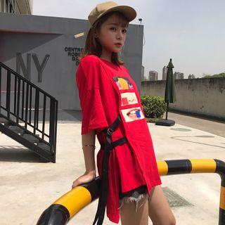 Ribbon Detail Printed Elbow-sleeve T-shirt