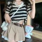 Short-sleeve Striped Knit Top / Low Rise Pleated A-line Skirt / Striped Knit Tank Top
