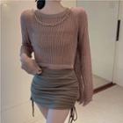 Long-sleeve Mesh Cropped T-shirt / Drawstring Mini Skirt