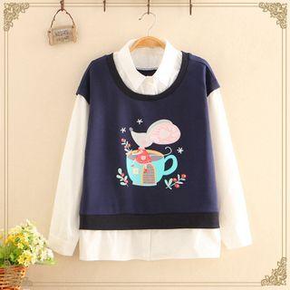 Inset Shirt Mouse Print Pullover
