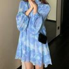 Tie-neck Floral Print Pleated Chiffon Dress Blue - One Size