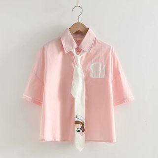 Cartoon Print Tie-neck Short-sleeve Shirt