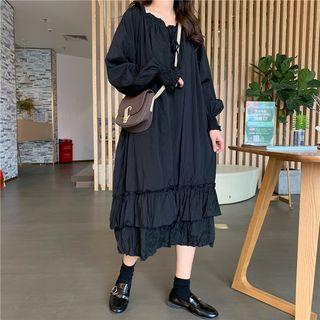 Ruffle-hem Tie-neck A-line Midi Dress