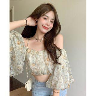 3/4-sleeve Off-shoulder Floral Print Crop Top Floral - Light Green - One Size