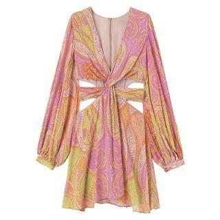 Long-sleeve Paisley Print Cutout A-line Dress