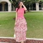 Short-sleeve Drawstring Back T-shirt / Layered Floral Midi Skirt