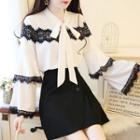 Long-sleeve Lace Trim Ribbon Blouse / A-line Mini Skirt / Set
