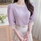 Lace-trim Puff-sleeve Embossed Blouse