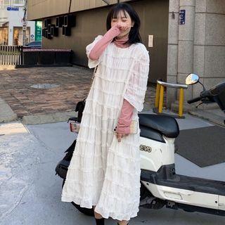 Mock-turtleneck Long-sleeve Top / Elbow-sleeve Ruffled Midi A-line Dress