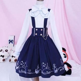 Bow Blouse/ Whale Embroidered High Waist Jumper Skirt