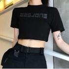 Short-sleeve Letter Printed Cropped Top Black - One Size