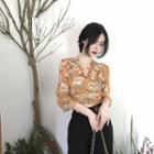 Elbow-sleeve Floral Crop Chiffon Top As Shown In Figure - One Size