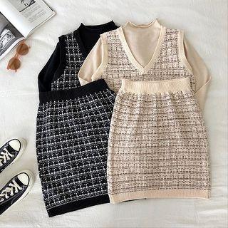 Set: Long-sleeve Top + Plaid Vest + Skirt