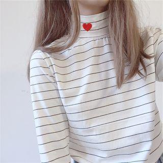 Mock Neck Heart Embroidered Stripe Long Sleeve Top