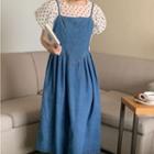 Short-sleeve Dotted Top / Denim Midi Overall Dress