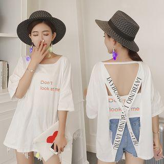 Cross Back Lettering Elbow-sleeve T-shirt