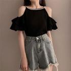 Cold-shoulder Ruffled Rhinestone T-shirt