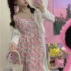 Eyelet Lace Jacket / Spaghetti Strap Floral Midi A-line Dress