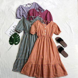 Short-sleeve Plaid Ruffle Trim Midi Dress