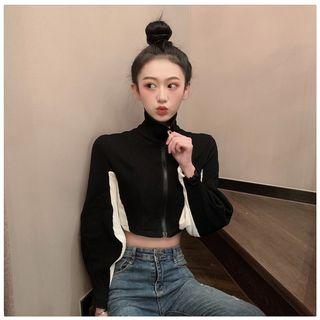 Long-sleeve Color Block Crop Top