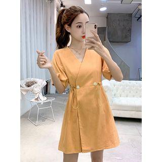 Plain V-neck Drawstring-waist Mini A-line Dress