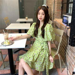 V-neck Floral A-line Dress Green - One Size