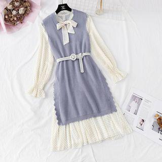 Set: Tie-neck Dotted Midi Dress + Sleeveless Long Knit Top