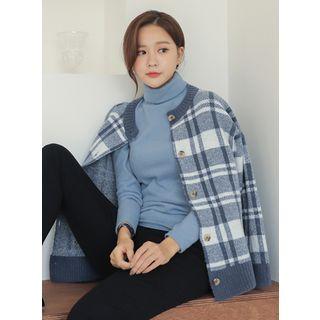 Round-neck Plaid Knit Cardigan