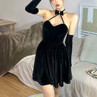 Set: Halter-neck Mini A-line Dress + Gloves