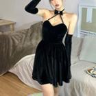 Set: Halter-neck Mini A-line Dress + Gloves