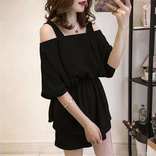 Set: Cold Shoulder Elbow-sleeve Top + High Waist Shorts
