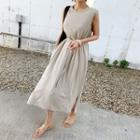 Linen Blend Maxi Tank Dress With Sash One Size
