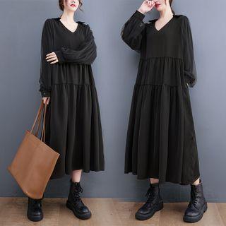 Mesh Panel Plain Midi A-line Dress