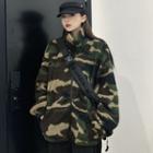 Camouflage Zip Fleece Jacket Green & Black & Gray - One Size