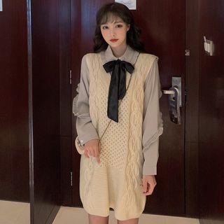 Long-sleeve Bow-accent Blouse / Cardigan / Sleeveless Knit Dress