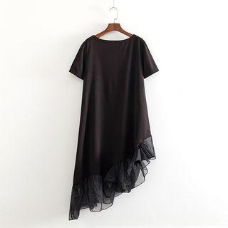 Short-sleeve Asymmetric Mesh Paneled A-line Dress